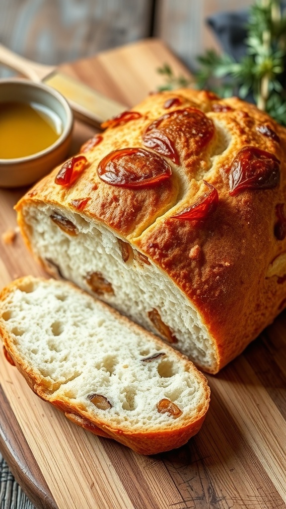 A loaf of golden brown onion bread sliced to show its fluffy interior, on a wooden cutting board with olive oil and herbs.